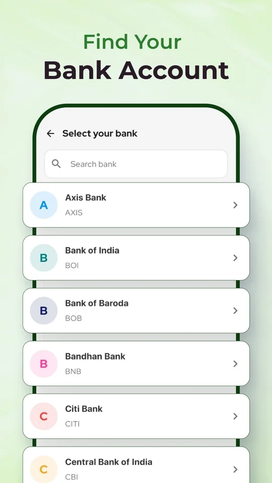 Find your bank account — bank selection list